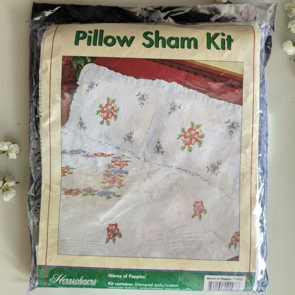 HERRSCHNERS Pillow Sham PAIR Stamped Cross Stitch Kit Waves Of Poppies NEW